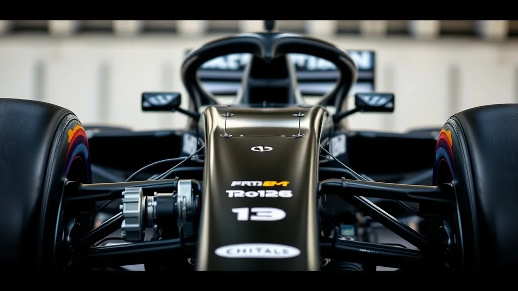 Carro de Fórmula 1 com unidade de potência em destaque no paddock