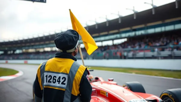 Comissário de pista da Fórmula 1 acenando bandeira amarela em curva de circuito