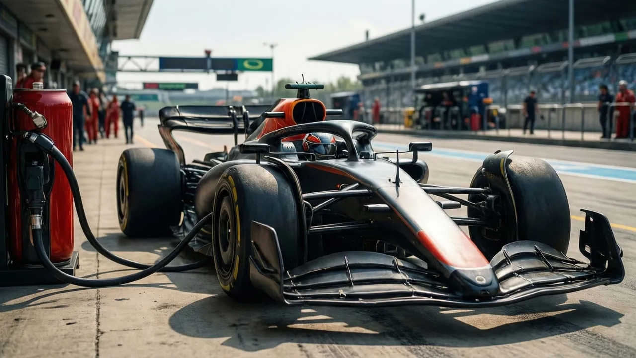 Carro de Fórmula 1 no pit lane com galão de combustível sustentável em primeiro plano
