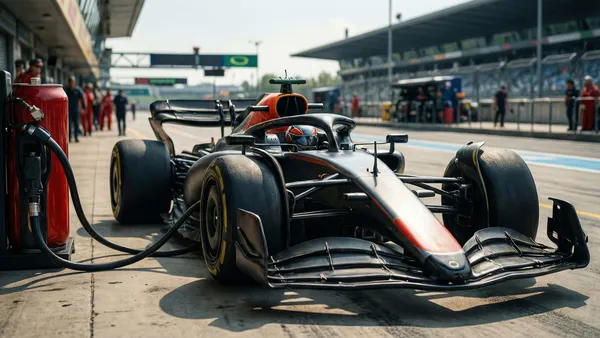 Carro de Fórmula 1 no pit lane com galão de combustível sustentável em primeiro plano