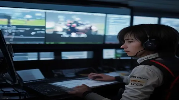 Telas de replay e vídeo usadas para revisar um incidente de corrida de Fórmula 1