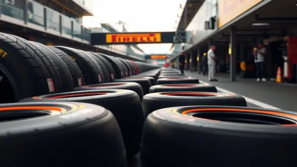 Pneus Pirelli de Fórmula 1 empilhados no pit lane com diferentes cores de faixa lateral indicando compostos