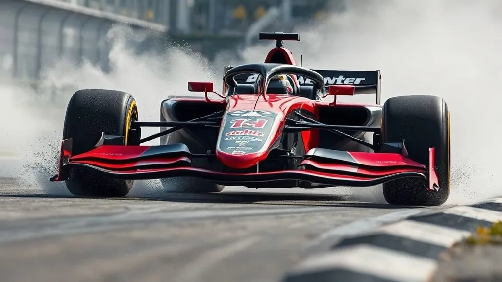Carro de Fórmula 1 em alta velocidade em curva fechada, mostrando o fundo aerodinâmico do chassi