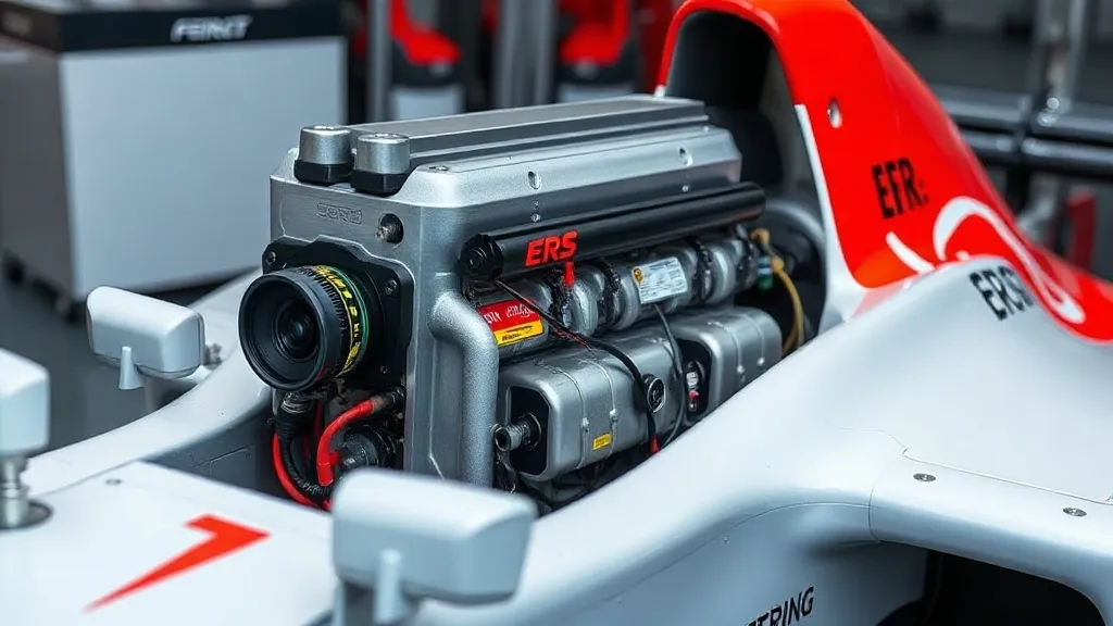 Motor híbrido de Fórmula 1 com componentes elétricos e sistema ERS em destaque