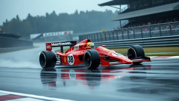Carro de Fórmula 1 cortando a pista molhada do Circuito Gilles Villeneuve em Montreal