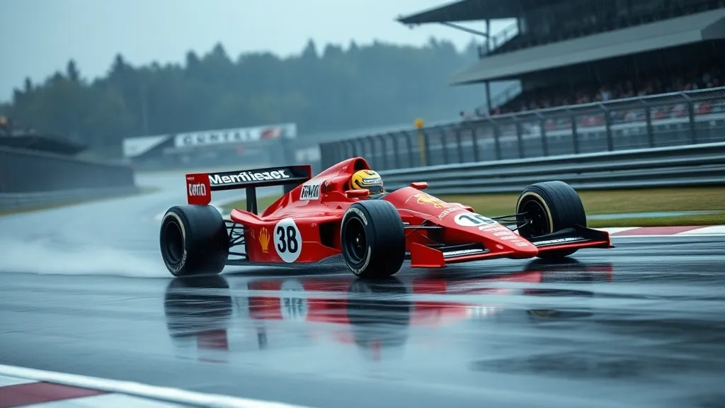 Carro de Fórmula 1 cortando a pista molhada do Circuito Gilles Villeneuve em Montreal