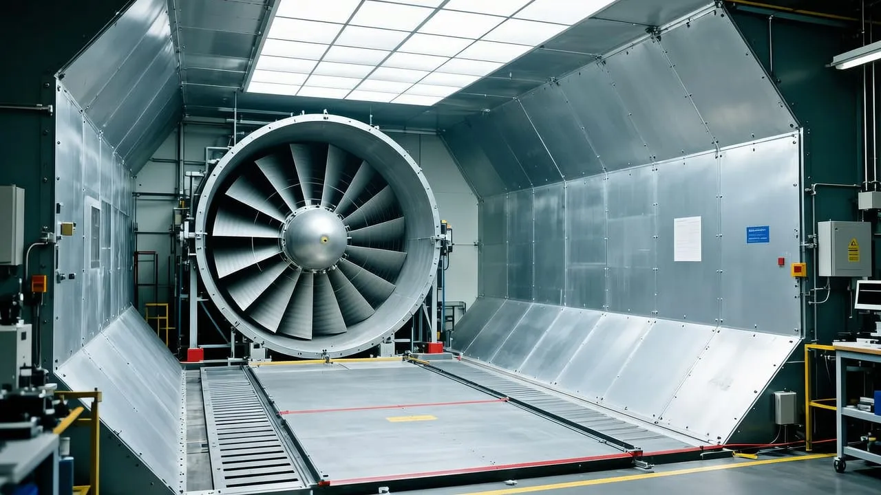 Câmara de teste de um túnel de vento industrial com grande ventoinha ao fundo