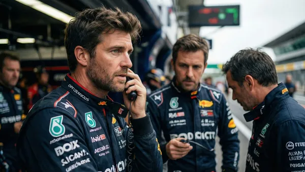 Muro de boxes da F1 com engenheiros de pista acompanhando dados de rádio e estratégia durante a corrida