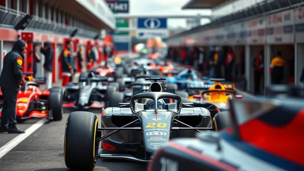 Monoposto de Fórmula 1 estacionado na área de parc fermé com fiscais técnicos ao redor