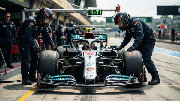 Carro de Fórmula 1 sendo inspecionado e pesado pelos comissários técnicos da FIA no parc fermé