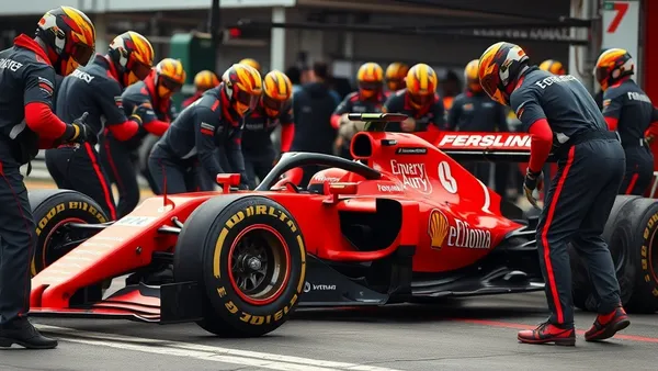 Equipe de mecânicos de Fórmula 1 trocando os quatro pneus de um carro durante um pit stop