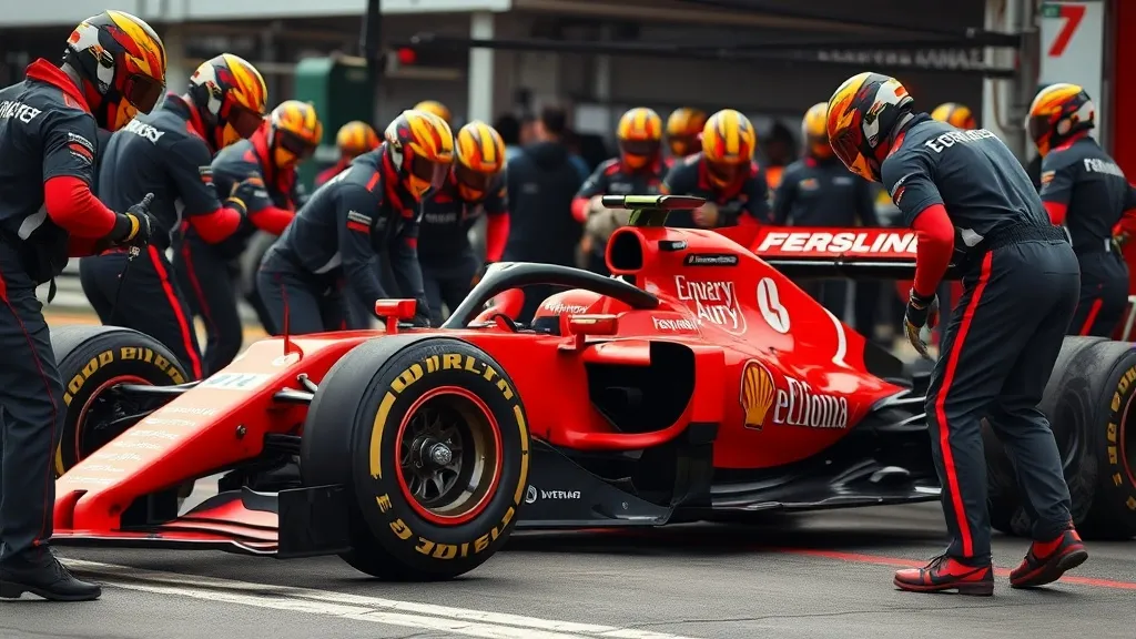 Equipe de mecânicos de Fórmula 1 trocando os quatro pneus de um carro durante um pit stop