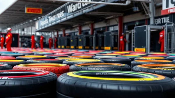 Pneus Pirelli de Fórmula 1 empilhados no paddock com faixas coloridas identificando compostos