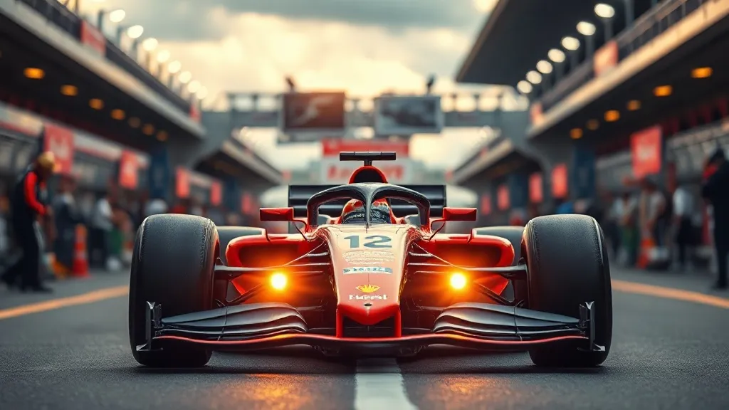 Carro de Fórmula 1 parado na pole position do grid sob as luzes de largada