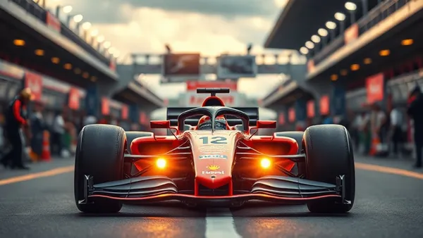 Carro de Fórmula 1 parado na pole position do grid sob as luzes de largada