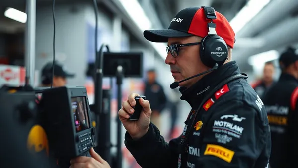 Engenheiro de pista de Fórmula 1 no pit wall monitorando dados durante corrida com fone e telas