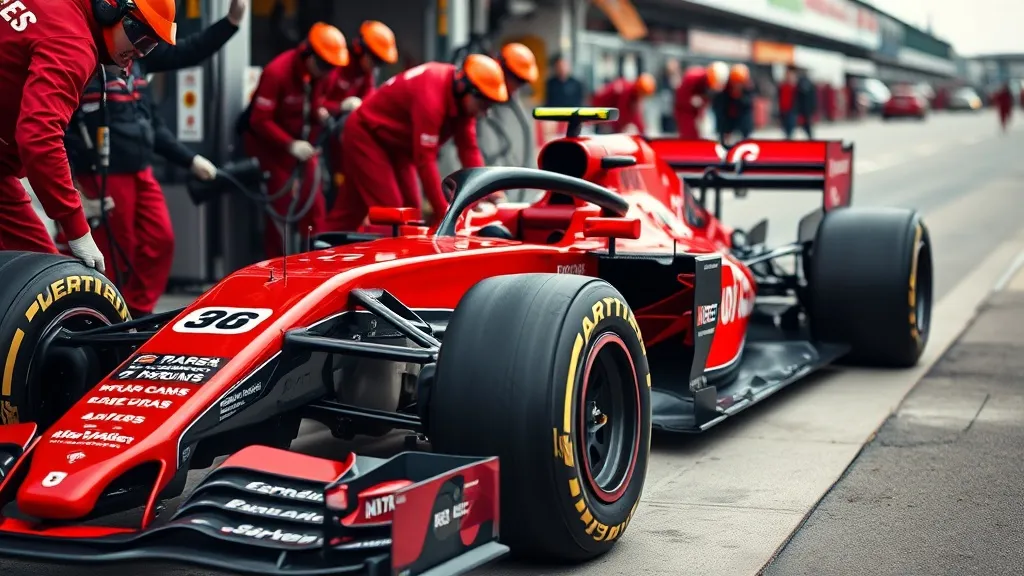 Carro de Fórmula 1 durante pit stop com mecânicos trocando pneus sem bico de abastecimento