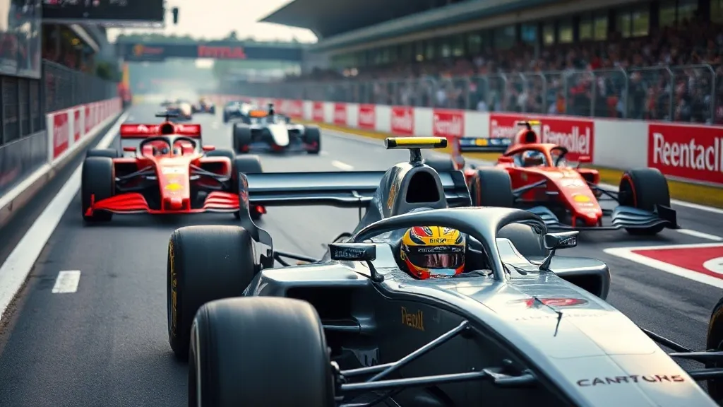 Carro de safety car dourado à frente de monoposto de Fórmula 1 em pista molhada durante corrida