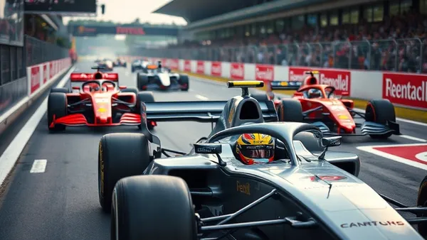 Carro de safety car dourado à frente de monoposto de Fórmula 1 em pista molhada durante corrida