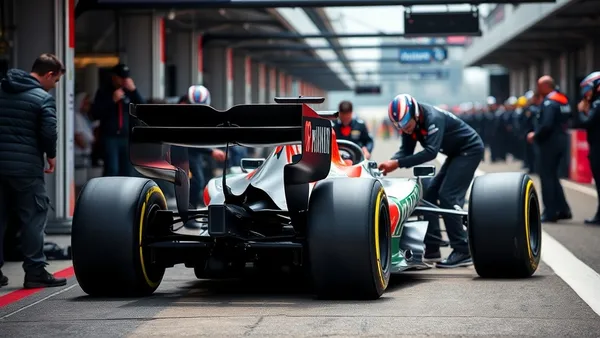 Mecânicos da Fórmula 1 ajustando a asa traseira de um monoposto no pit lane