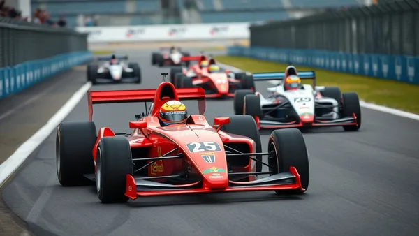 Carros de Fórmula 1 em corrida sprint disputando posição na pista