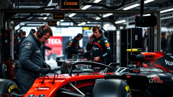 Mecânicos e engenheiros de Fórmula 1 trabalhando no carro dentro do box da equipe
