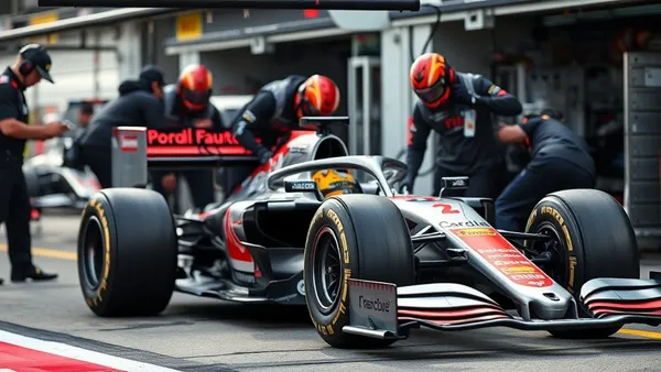 Mecânicos de Fórmula 1 em ação durante um pit stop rápido num box da paddock
