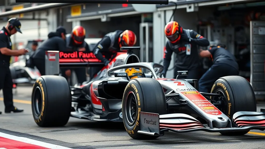 Mecânicos de Fórmula 1 em ação durante um pit stop rápido num box da paddock