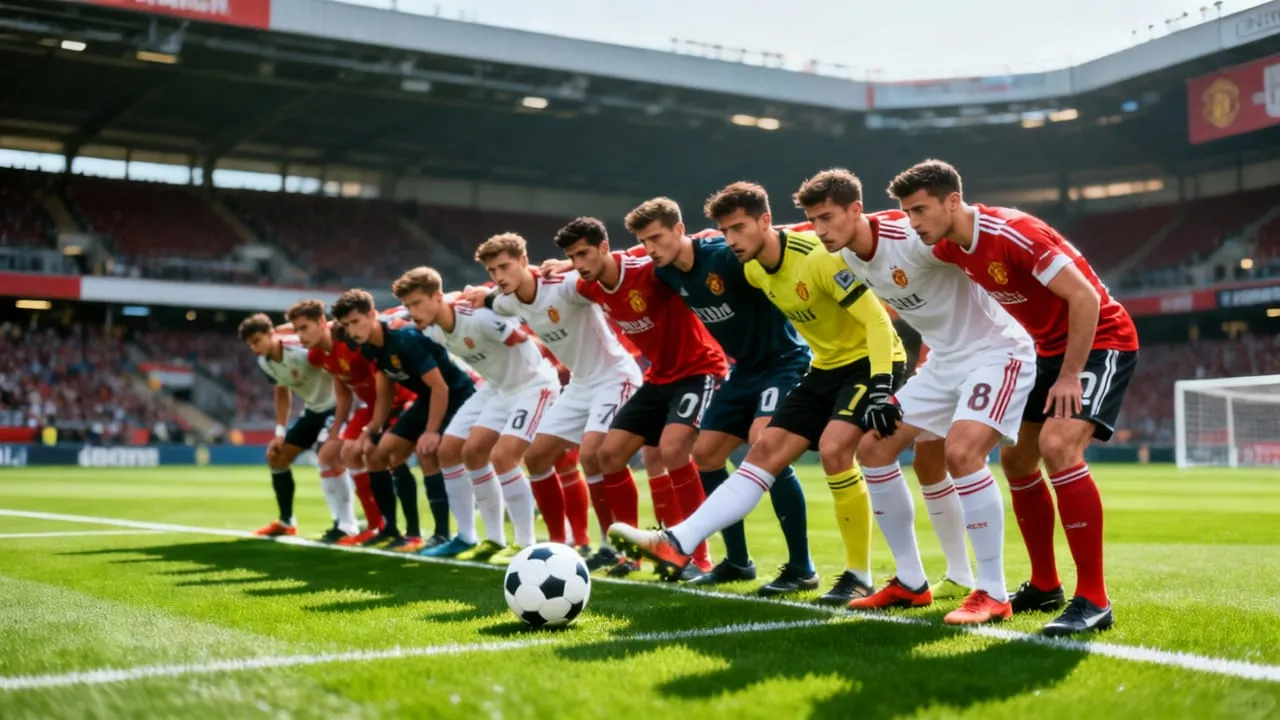Barreira de jogadores alinhada em um gramado durante uma cobrança de falta em estádio de futebol