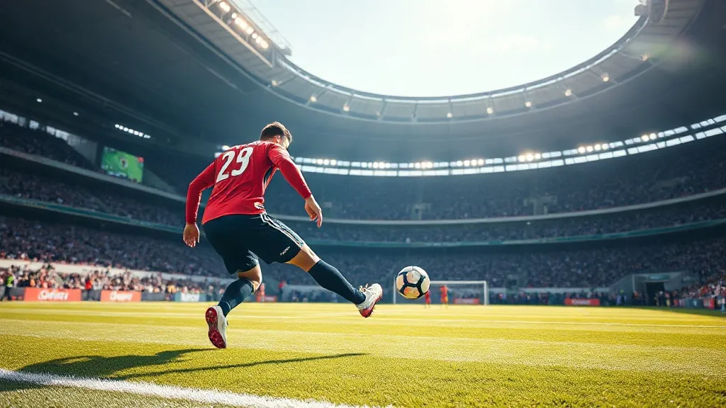 meio-campista de futebol cobrando pênalti em estádio lotado durante partida decisiva
