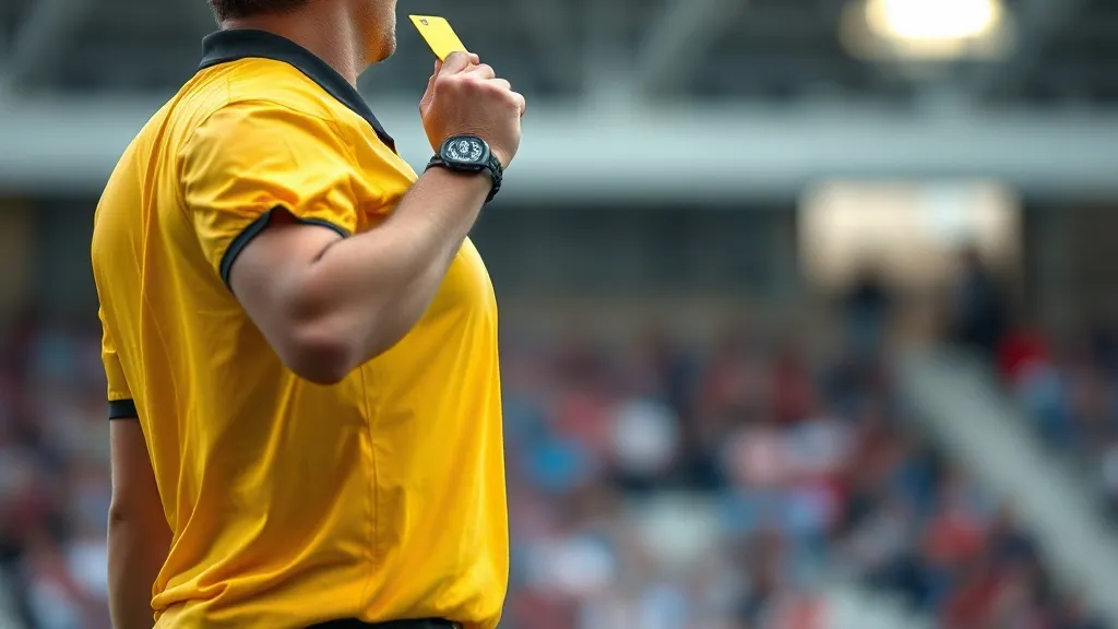 Árbitro de futebol mostrando cartão amarelo para um jogador em campo