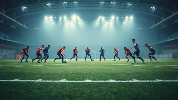 Jogadores posicionados em campo durante treino tático, demonstrando linhas de pressão e cobertura defensiva