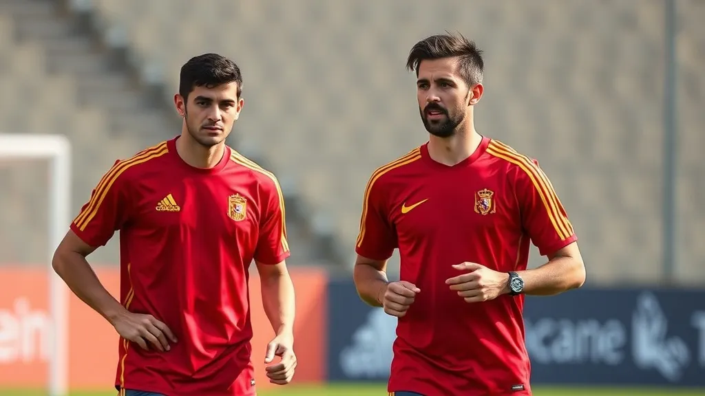 Treino da seleção espanhola com jogadores em camisa vermelha em sessão noturna