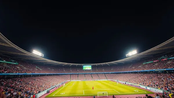 Estádio cheio em jogo de Copa Libertadores com refletores acesos