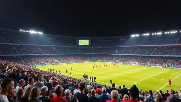 estádio de futebol lotado à noite, torcida nas arquibancadas antes de partida decisiva