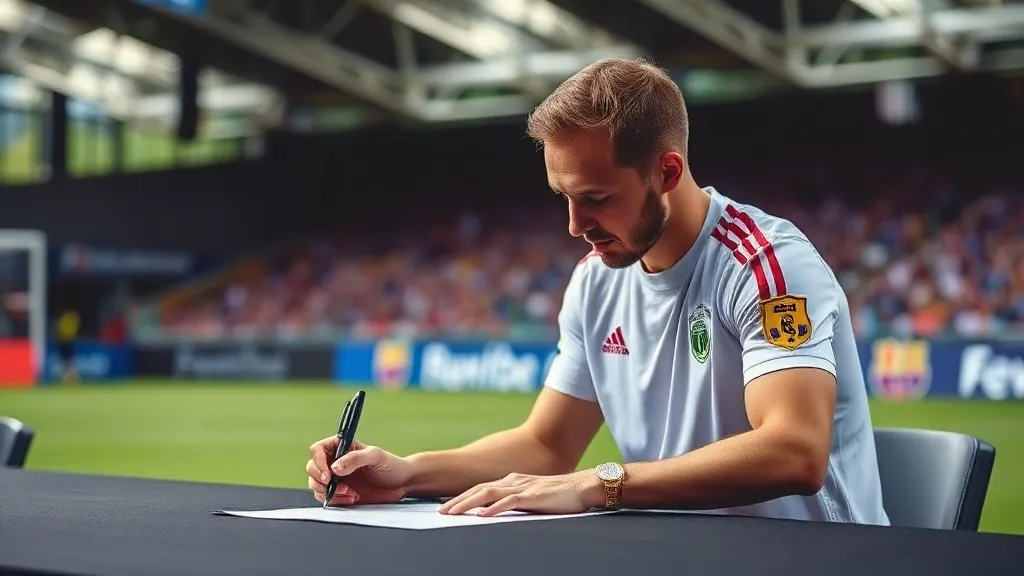 Jogador de futebol assinando contrato em mesa de negociação com camisa de clube ao fundo