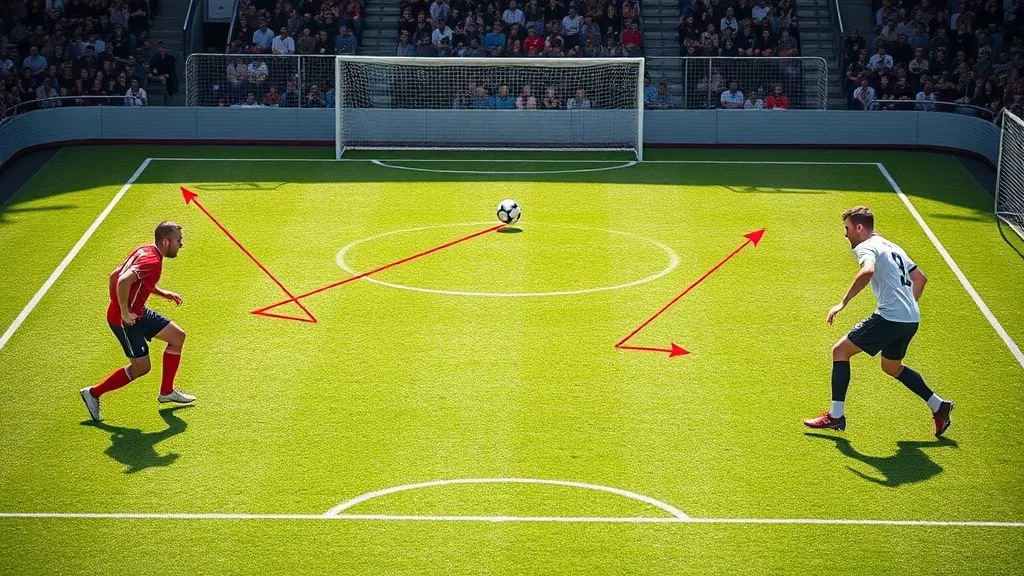 Jogadores de futebol em formação posicional organizada no campo, com triângulos de passe bem definidos