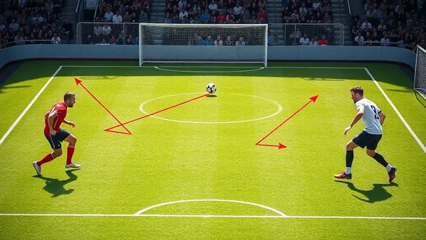 Jogadores de futebol em formação posicional organizada no campo, com triângulos de passe bem definidos