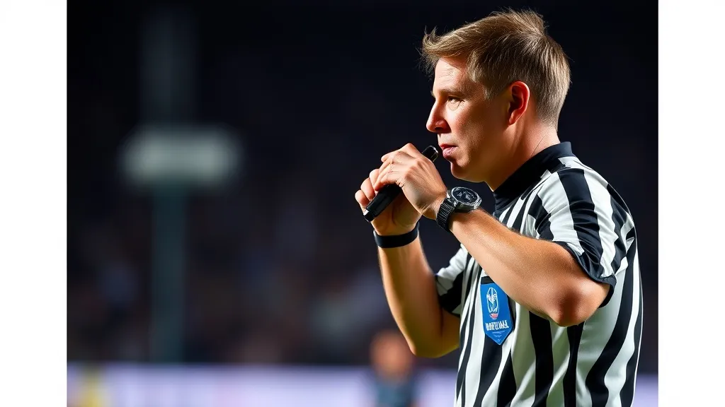 Árbitro de futebol em campo estendendo os dois braços à frente, gesto que sinaliza vantagem durante a partida