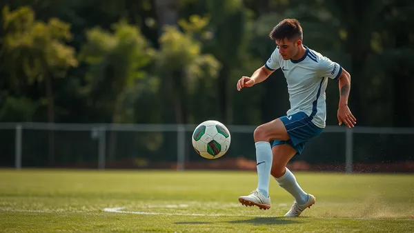 Jogador de futebol se movimentando em espaço aberto sem a bola, com companheiros de equipe ao fundo
