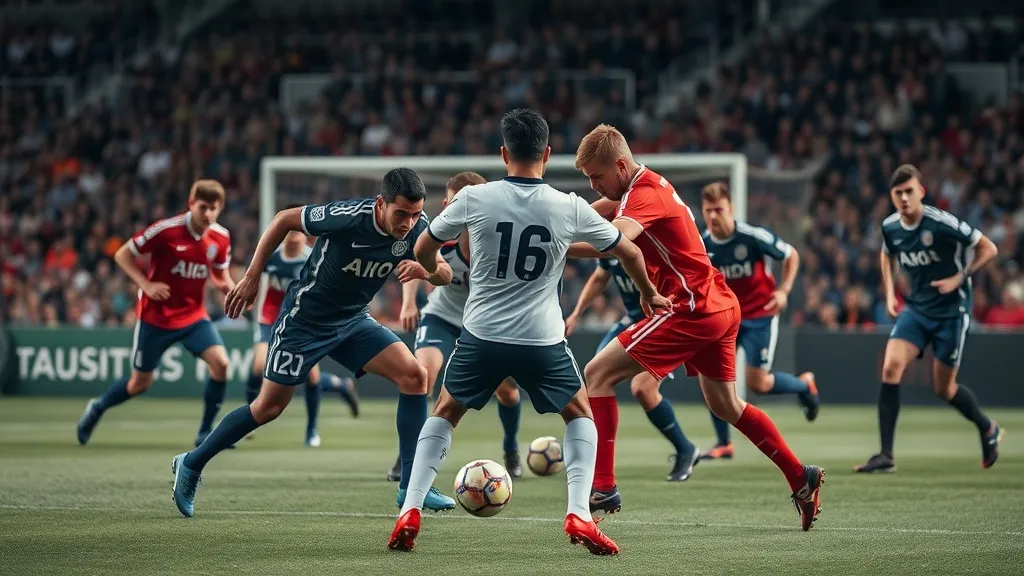 Jogadores de futebol pressionando adversário com bola nos pés perto da área defensiva adversária