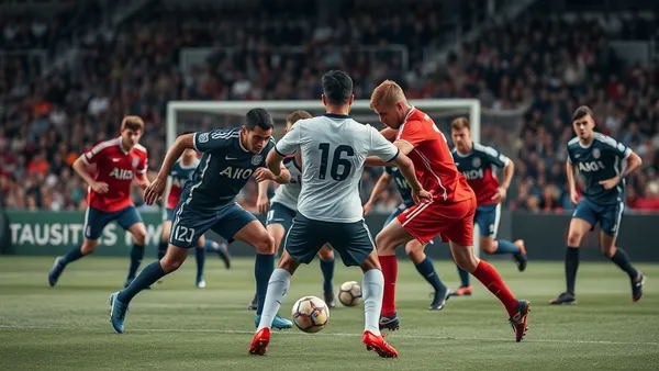 Jogadores de futebol pressionando adversário com bola nos pés perto da área defensiva adversária