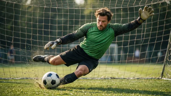 Goleiro de futebol se lançando para defender uma cobrança de pênalti