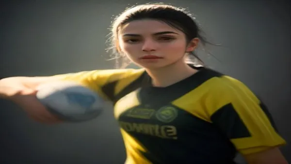 Jogador de futebol com o braço estendido tentando dominar a bola durante uma disputa em campo
