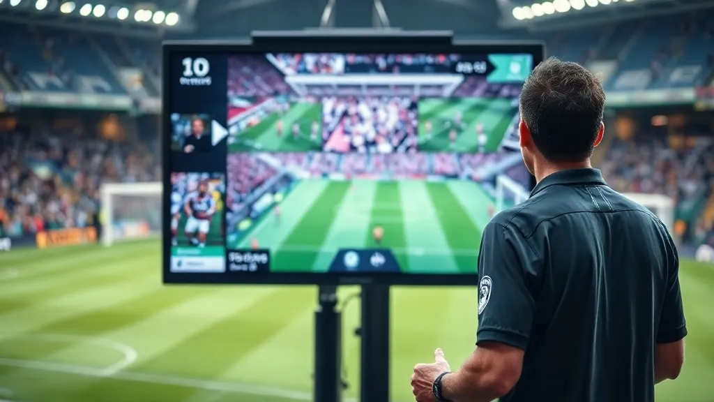 Árbitro de futebol consultando o monitor do VAR à beira do campo durante revisão de lance