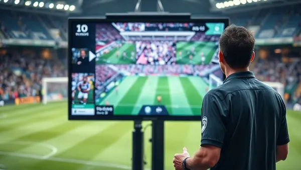 Árbitro de futebol consultando o monitor do VAR à beira do campo durante revisão de lance