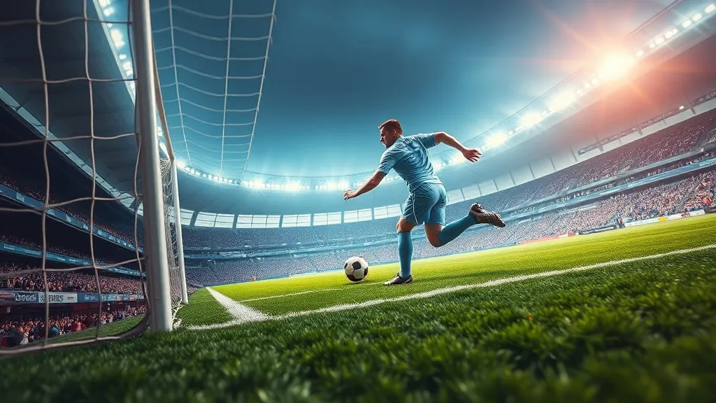 Jogador de futebol finalizando ao gol em campo iluminado, ângulo de câmera rente ao gramado