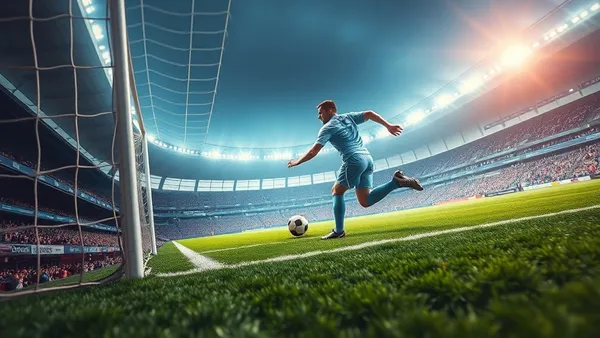 Jogador de futebol finalizando ao gol em campo iluminado, ângulo de câmera rente ao gramado