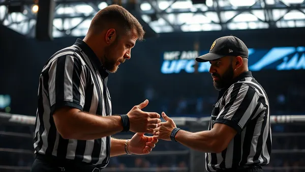 Juiz de MMA acompanhando luta no octógono com iluminação dramática