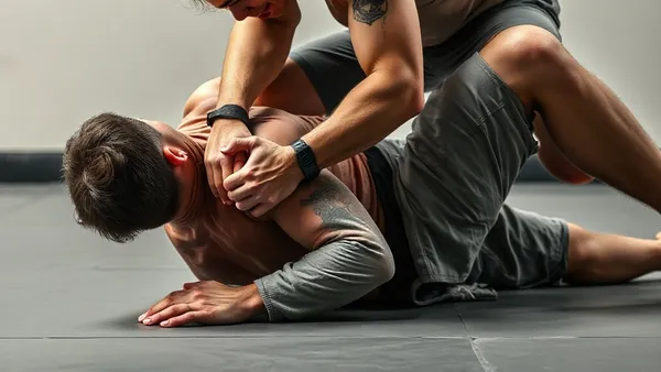 Lutador de MMA aplicando uma chave de braço no chão, com as pernas travando o braço do adversário